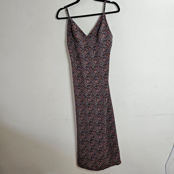 Polly Black Pink Blue Floral Print VNeck Spaghetti Strap Side Slit Dress 6 - Picture 4 of 10